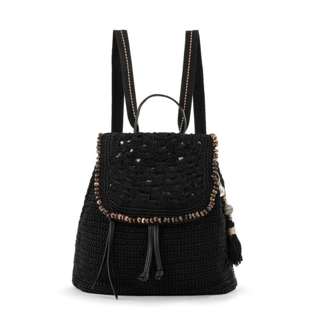 The Sak Sayulita Black Hand Crochet Backpack Boho Drawstring Shoulder Bag Purse